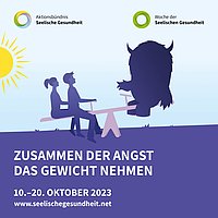 Auf einer Wippe sitzen auf der einen Seite zwei Menschen, auf der anderen sieht man ein Monster, das symbolhaft ffür das Thema Angst stehen soll