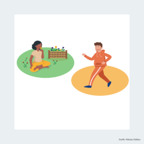 Zeichnung von zwei Personen. Eine sitzt im Garten, eine joggt.