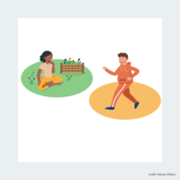 Zeichnung von zwei Personen, eine sitzt in einem Garten, die andere Person joggt. 